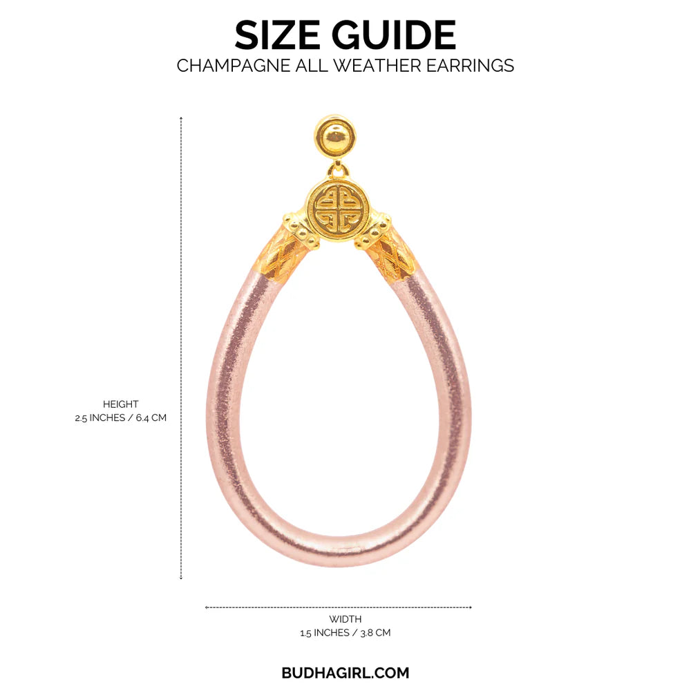 Size guide for Champagne All Weather Earrings from Budha girl with dimensions and brand name.
