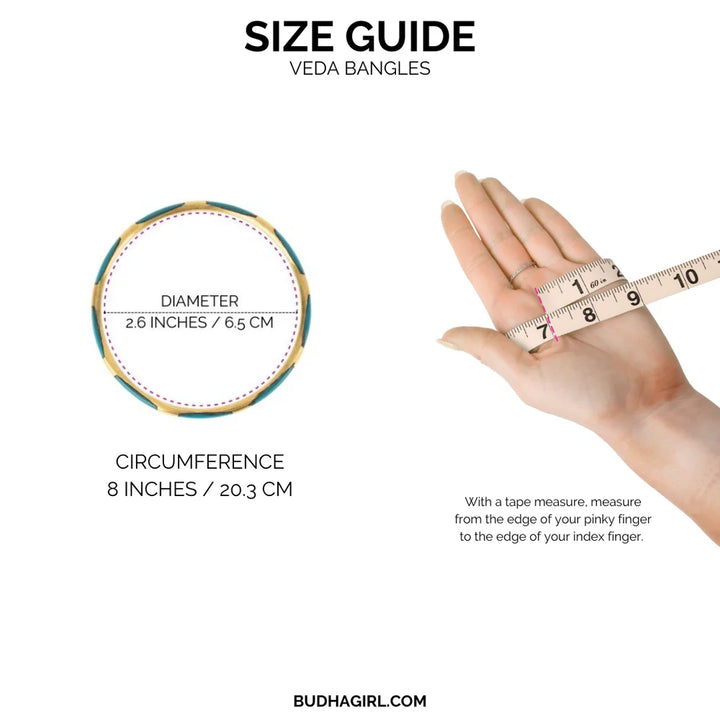 Size guide for Veda Bangles showing diameter, circumference, and measurement method for Veda bangles