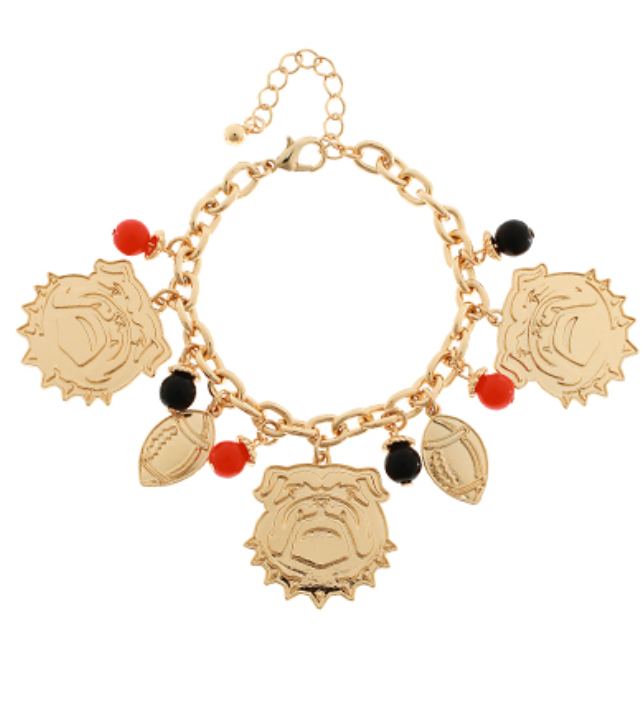 Gold charm bracelet with bulldog and red and black beads charms 