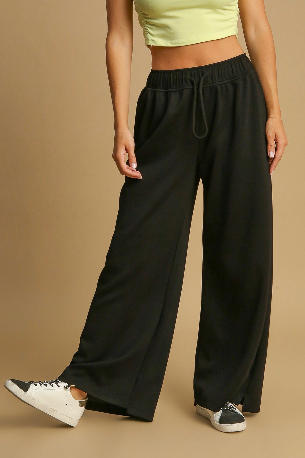 Umgee black scuba luxe knit wide leg pants with cinch drawstring elastic waist