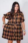 Caramel and black plaid flannel dress