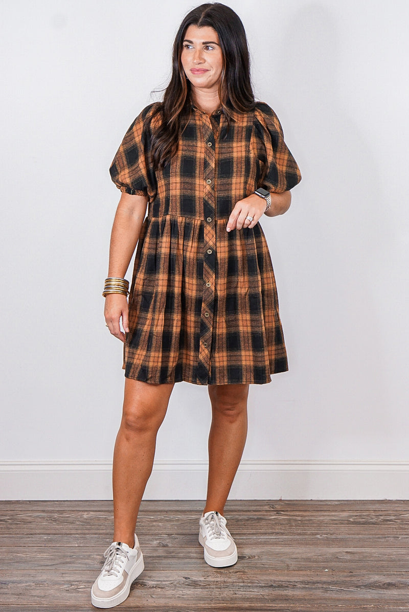 Caramel and black plaid flannel dress