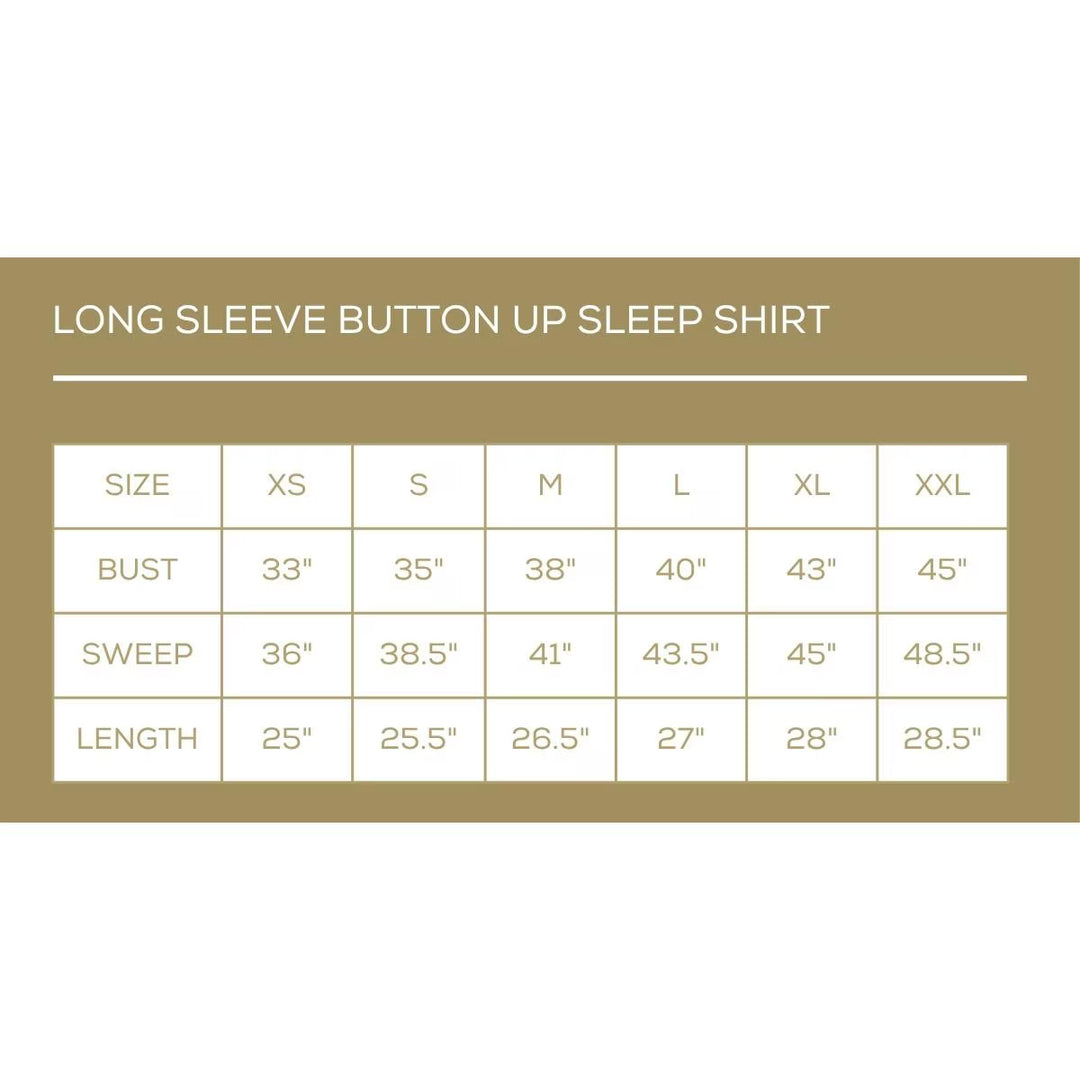 Size chart for long sleeve button-up sleep shirt with measurements in inches.