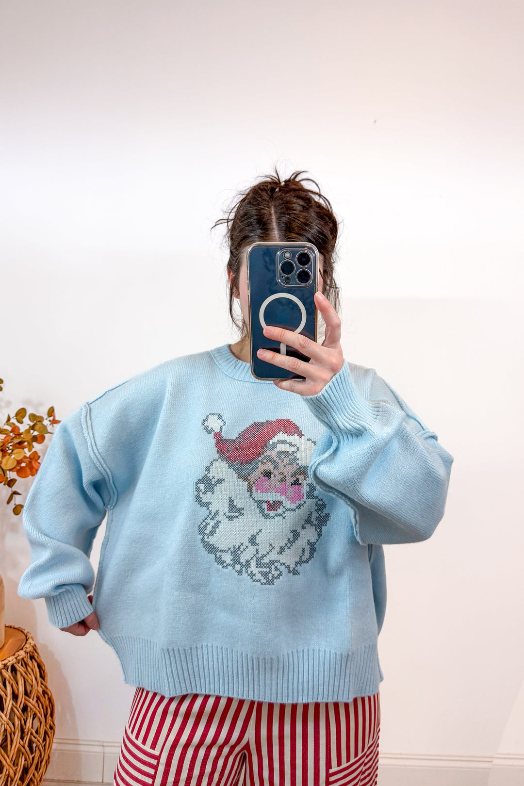 santa stitch light blue Christmas sweater width