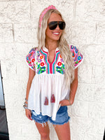 Ivory Multicolor Embroidered Babydoll Top