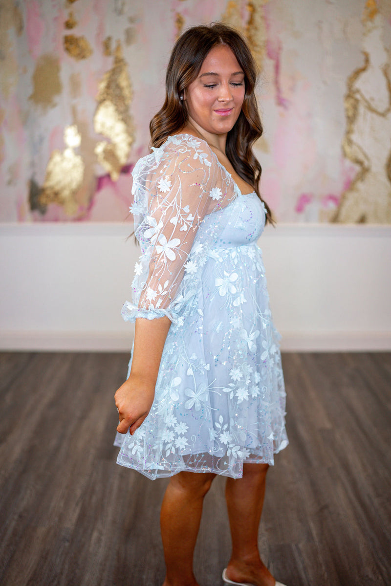 sequin blue floral babydoll dress