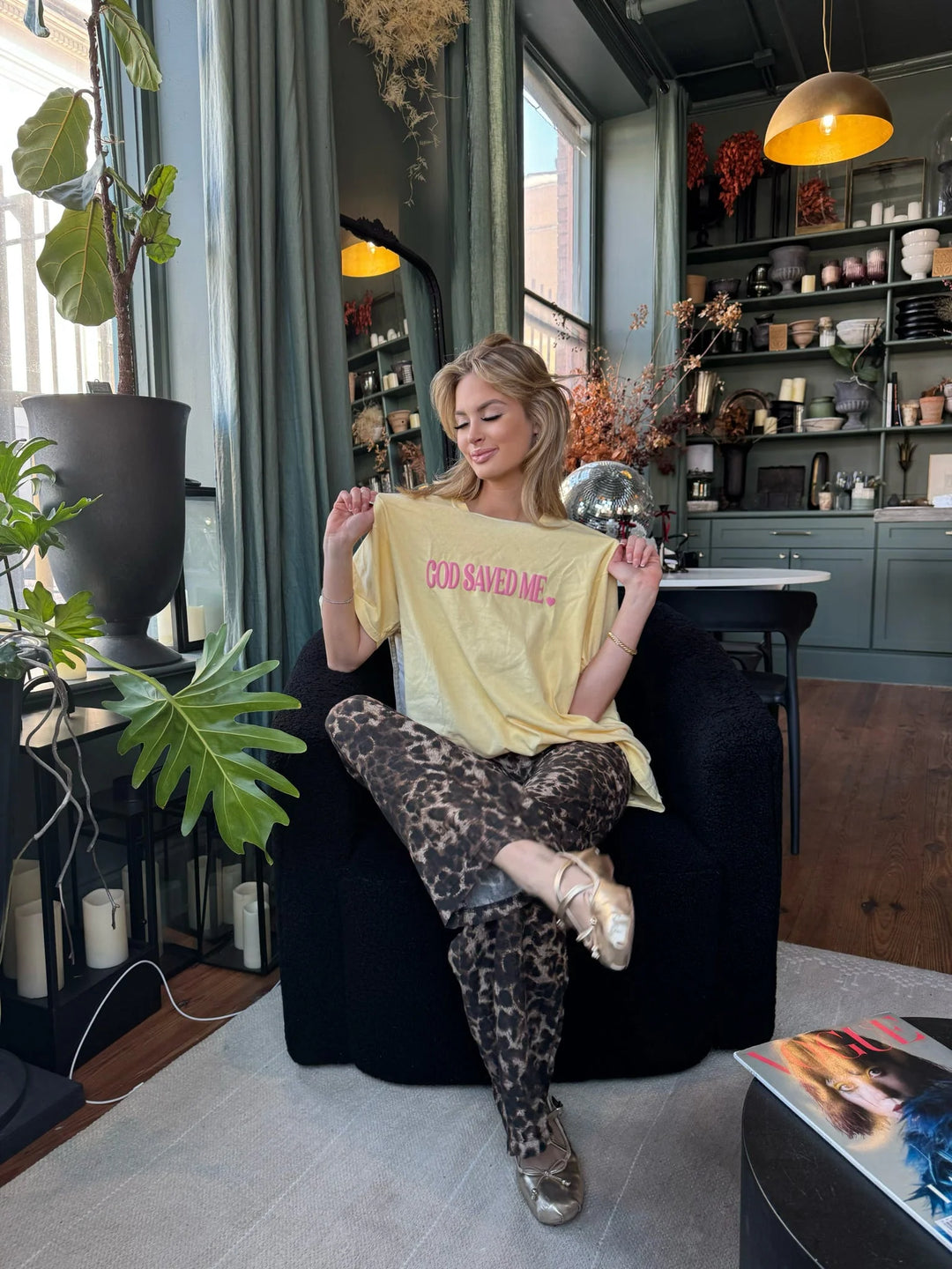 Distressed Vintage couture yellow God saved me graphic tee