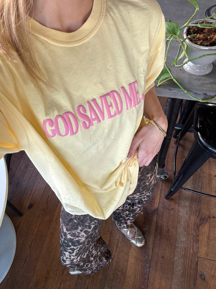 Distressed Vintage couture yellow God saved me graphic tee