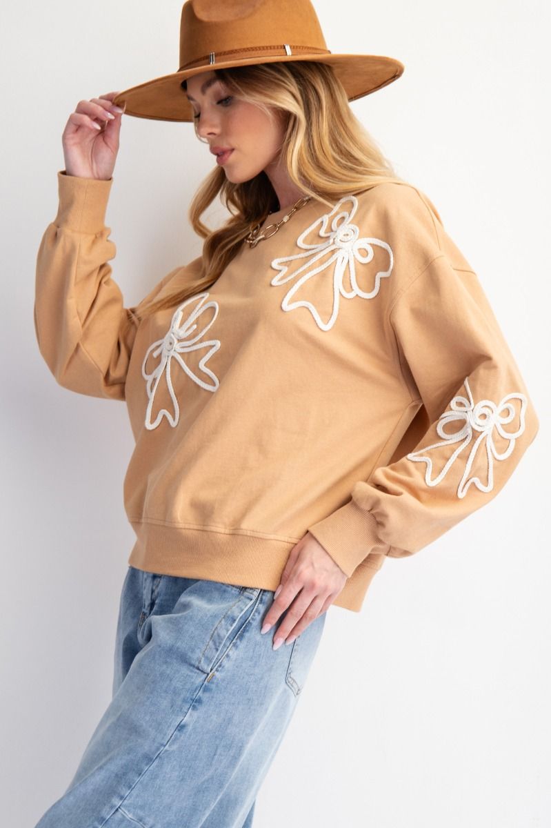 Women's light mocha braided bow crew sweatshirt