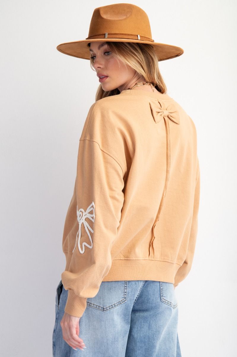 Women's light mocha braided bow crew sweatshirt