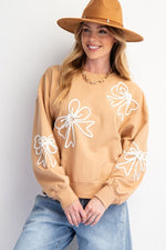 Women's light mocha braided bow crew sweatshirt