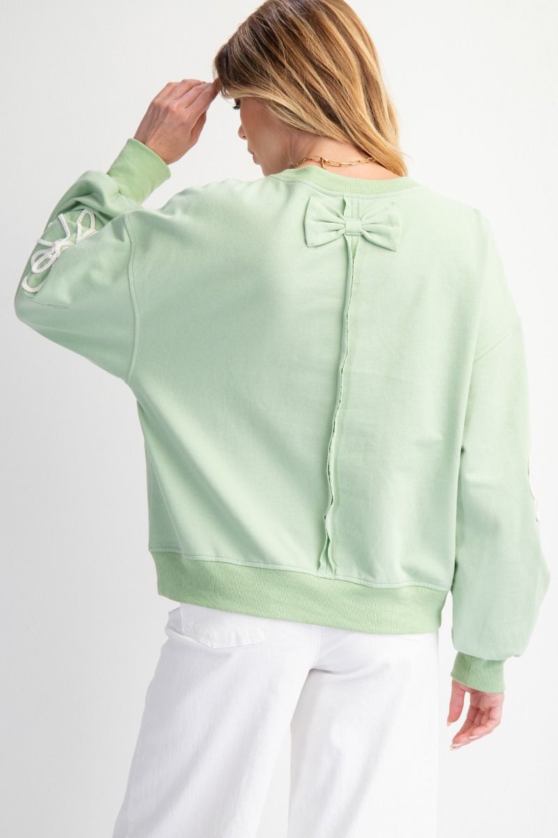 Women's sage green braided bow crew sweatshirt