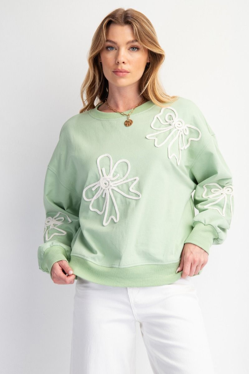 Women's sage green braided bow crew sweatshirt