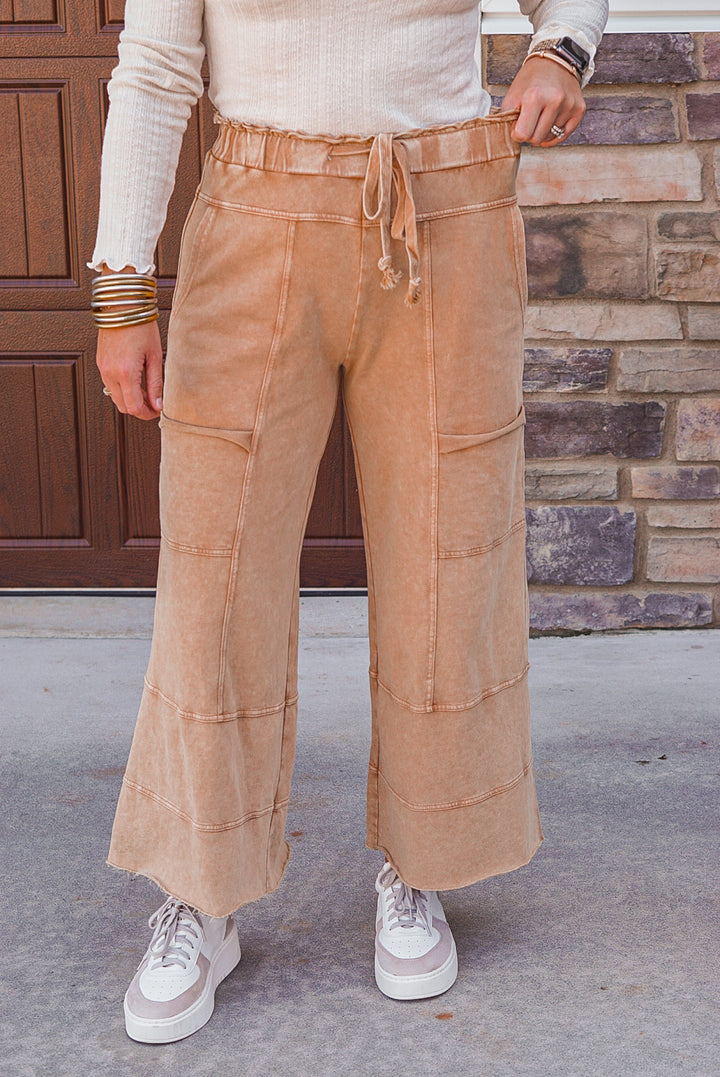 French terry knit wide leg pants in mineral washed caramel by Easel showing elastic waistband