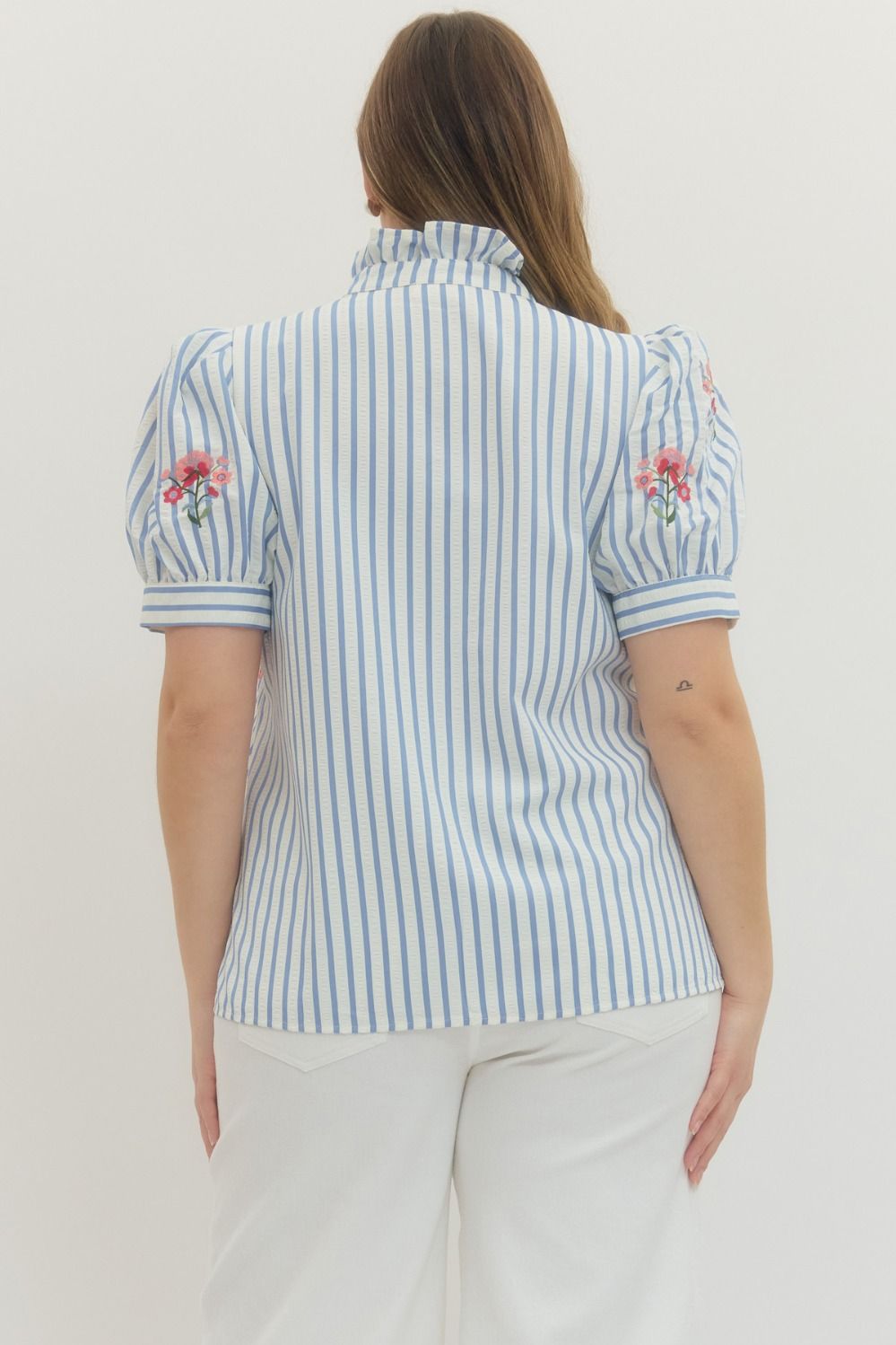 Entro blue and white striped button front top with pink and red embroidered flowers in plus size showing back silhouette