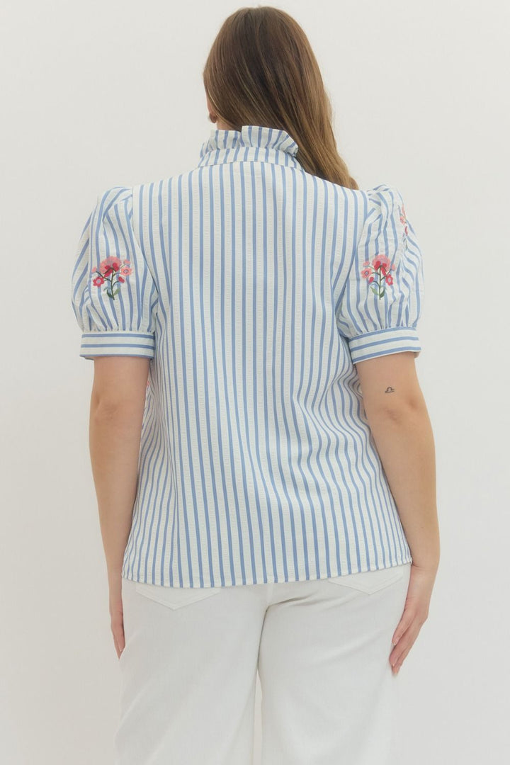 Entro blue and white striped button front top with pink and red embroidered flowers in plus size showing back silhouette