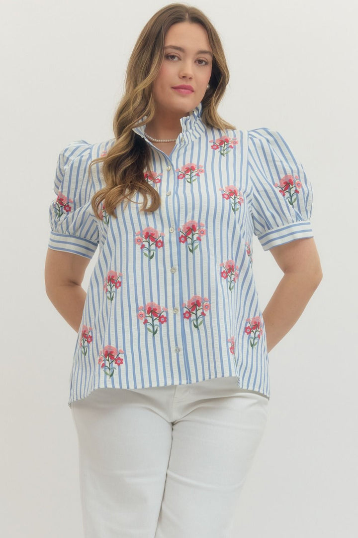 Entro blue and white striped button front top with pink and red embroidered flowers in plus size