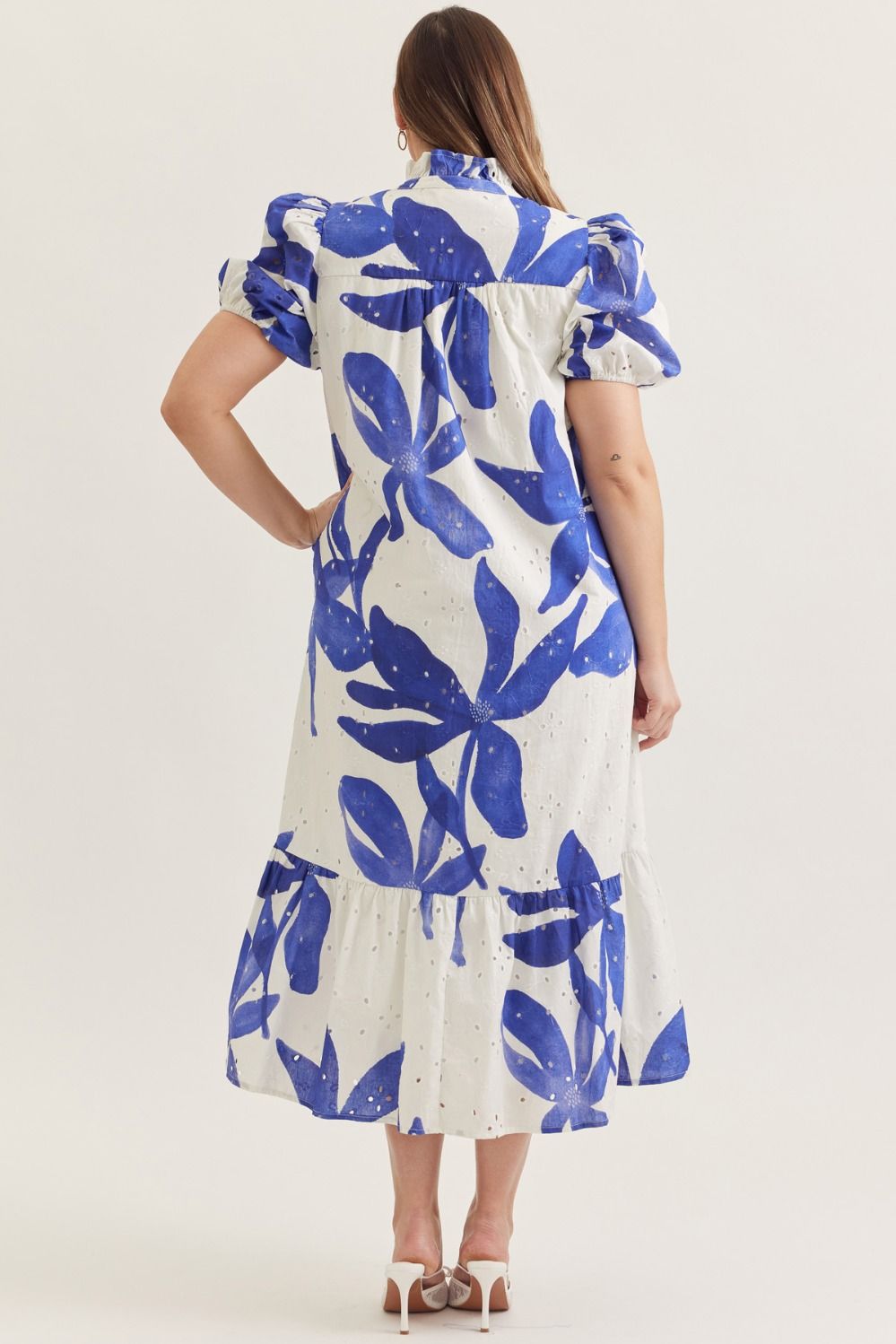 Entro royal blue floral print plus size midi dress with embroidery eyelet details and a flattering ruffled hem