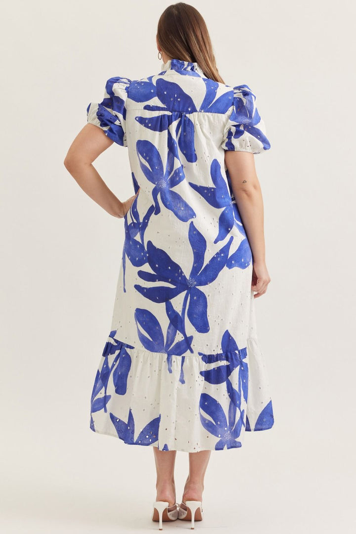 Entro royal blue floral print plus size midi dress with embroidery eyelet details and a flattering ruffled hem