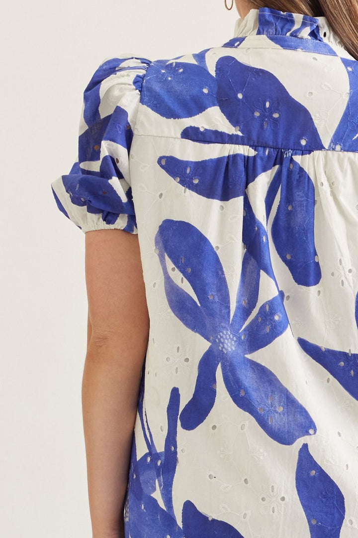Entro royal blue floral print plus size eyelet midi dress with  tiered  detail across shoulders in back