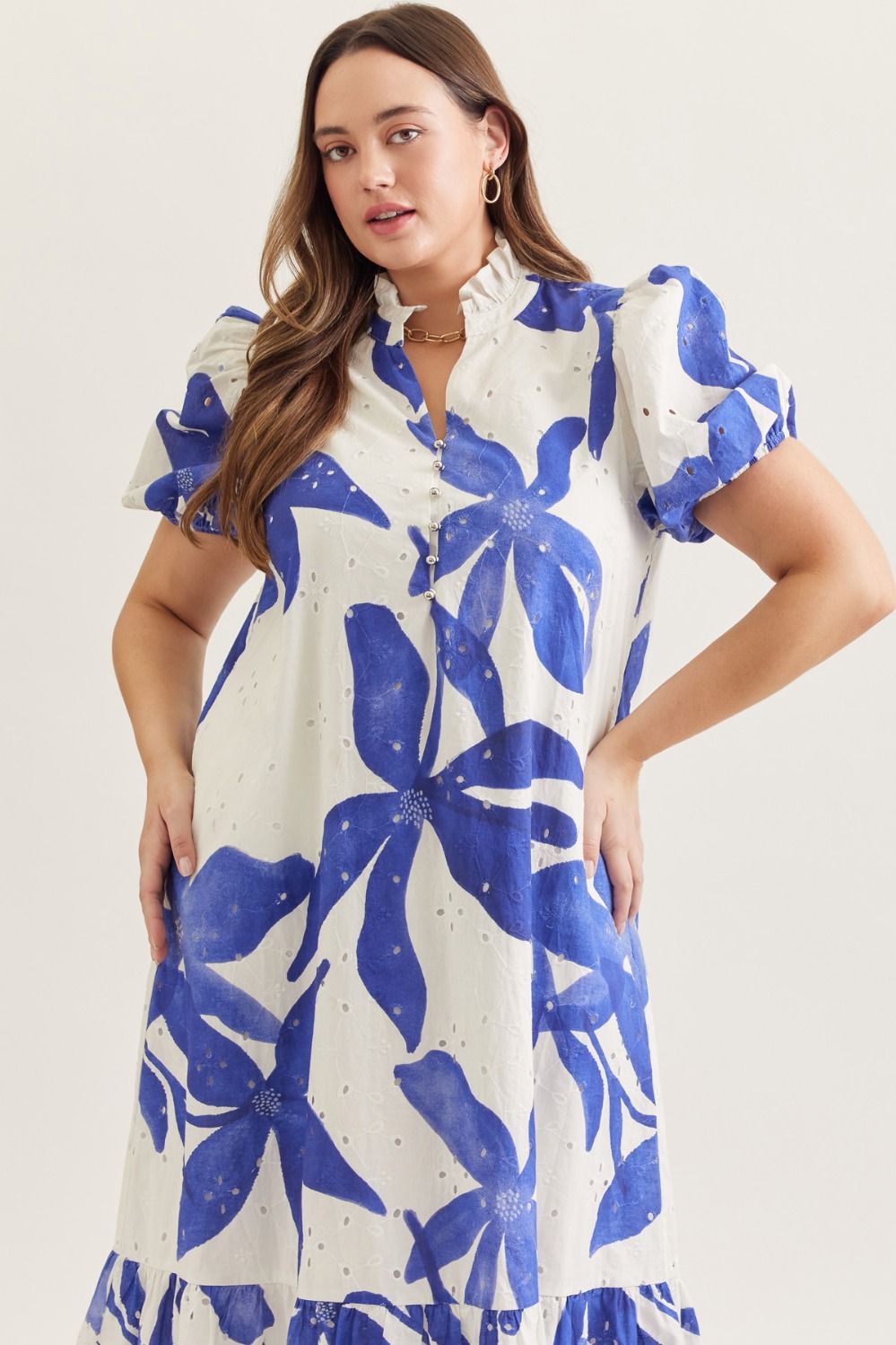 Entro royal blue floral print plus size midi dress with embroidery eyelet details and ruffled neck