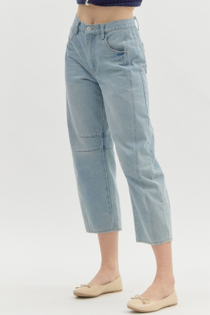 Women's Entro Brand light washed denim barrel jeans showing slight side view