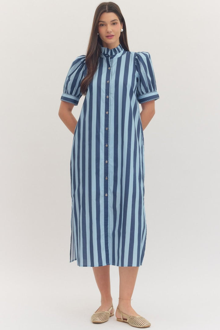 plus size navy and light blue striped midi dress