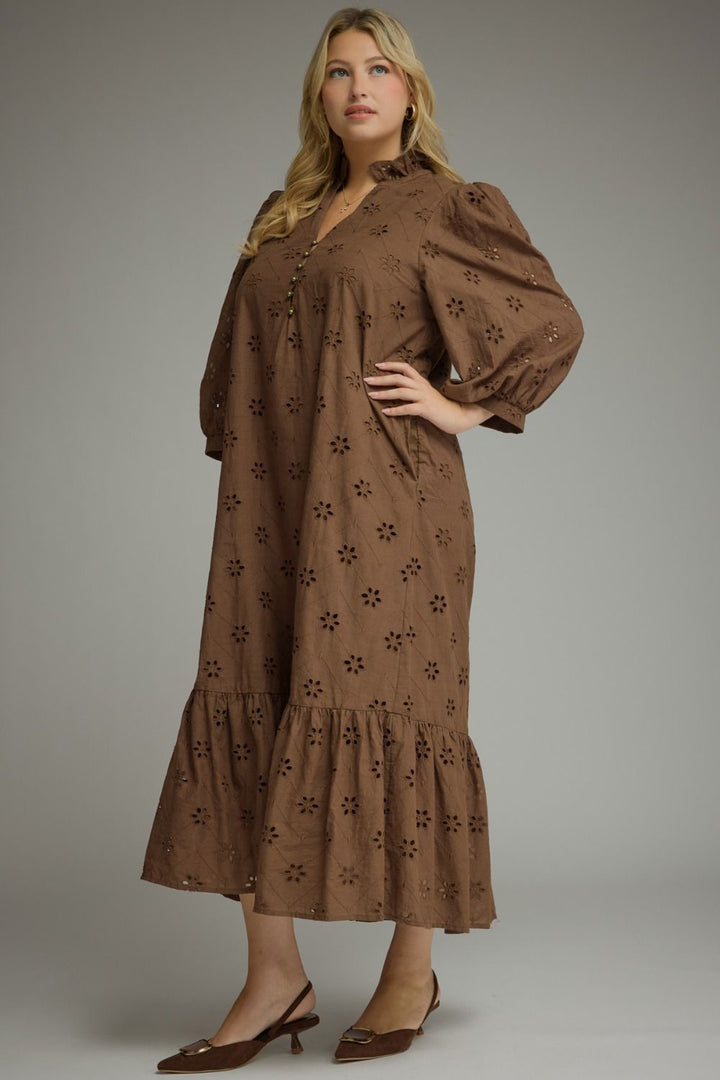 Entro brown midi dress with eyelet floral embroidery and balloon sleeves