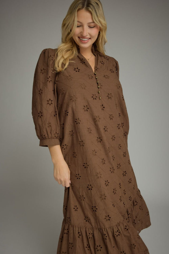 Entro brown midi dress with eyelet floral embroidery and v neckline