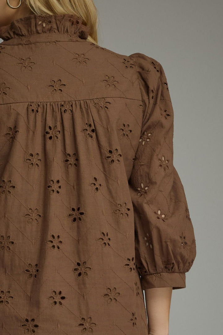 Entro brown midi dress with eyelet floral embroidery and a ruffle trimmed neck