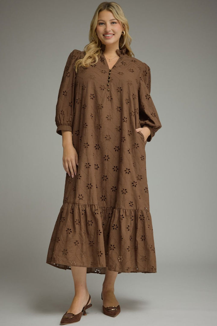 Entro brown midi dress with eyelet floral embroidery