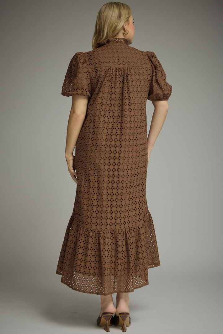 back view of entro plus size dark brown midi dress with eyelet details