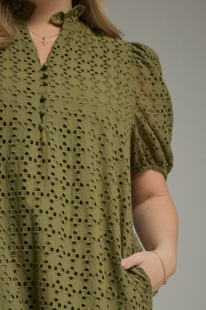 entro plus size olive eyelet detailed midi dress with front button closure