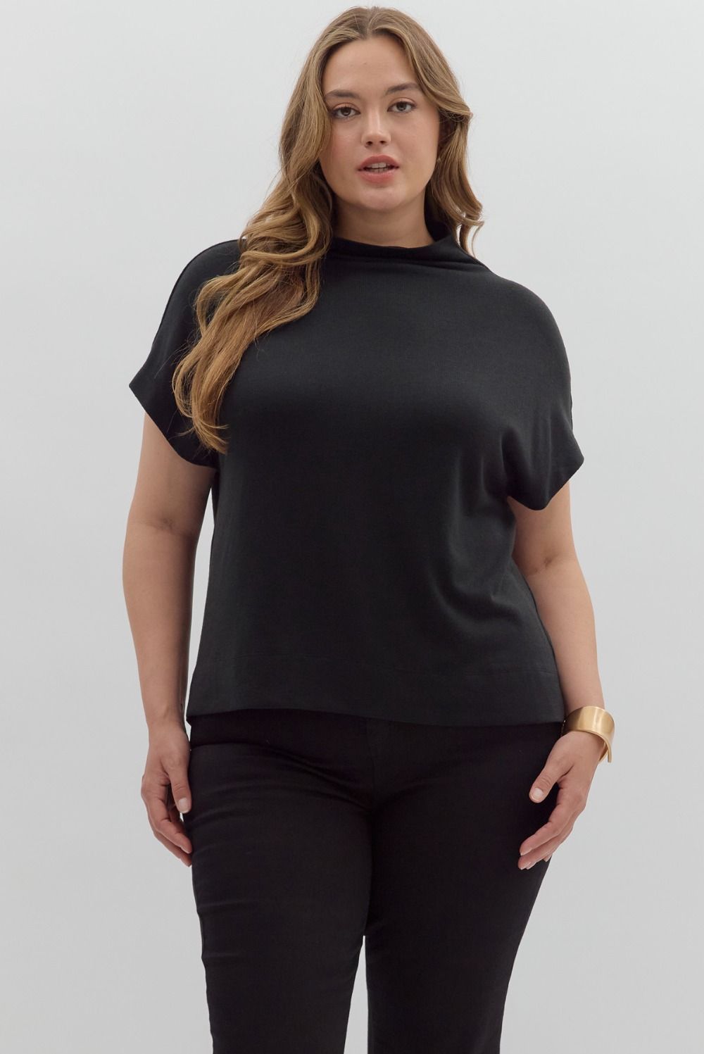 ento plus size solid black mock neck knit top