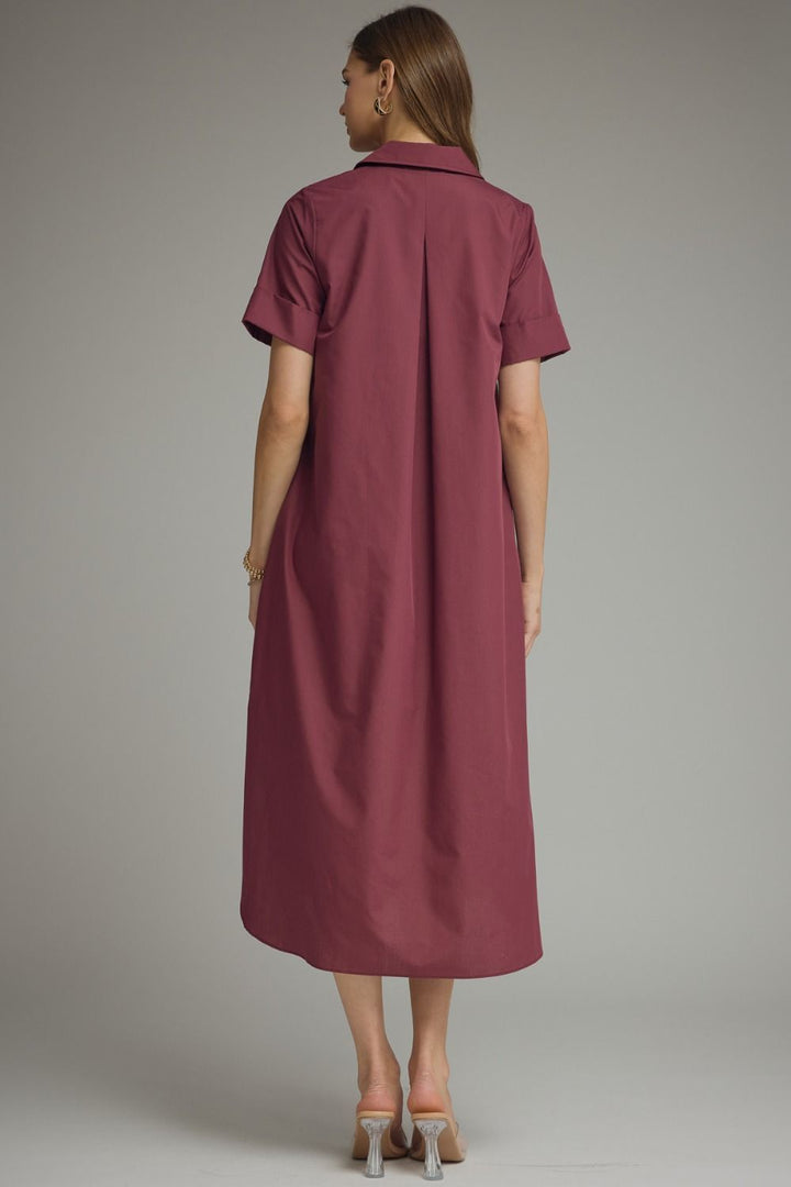 back view of Women's wine colored midi dress 