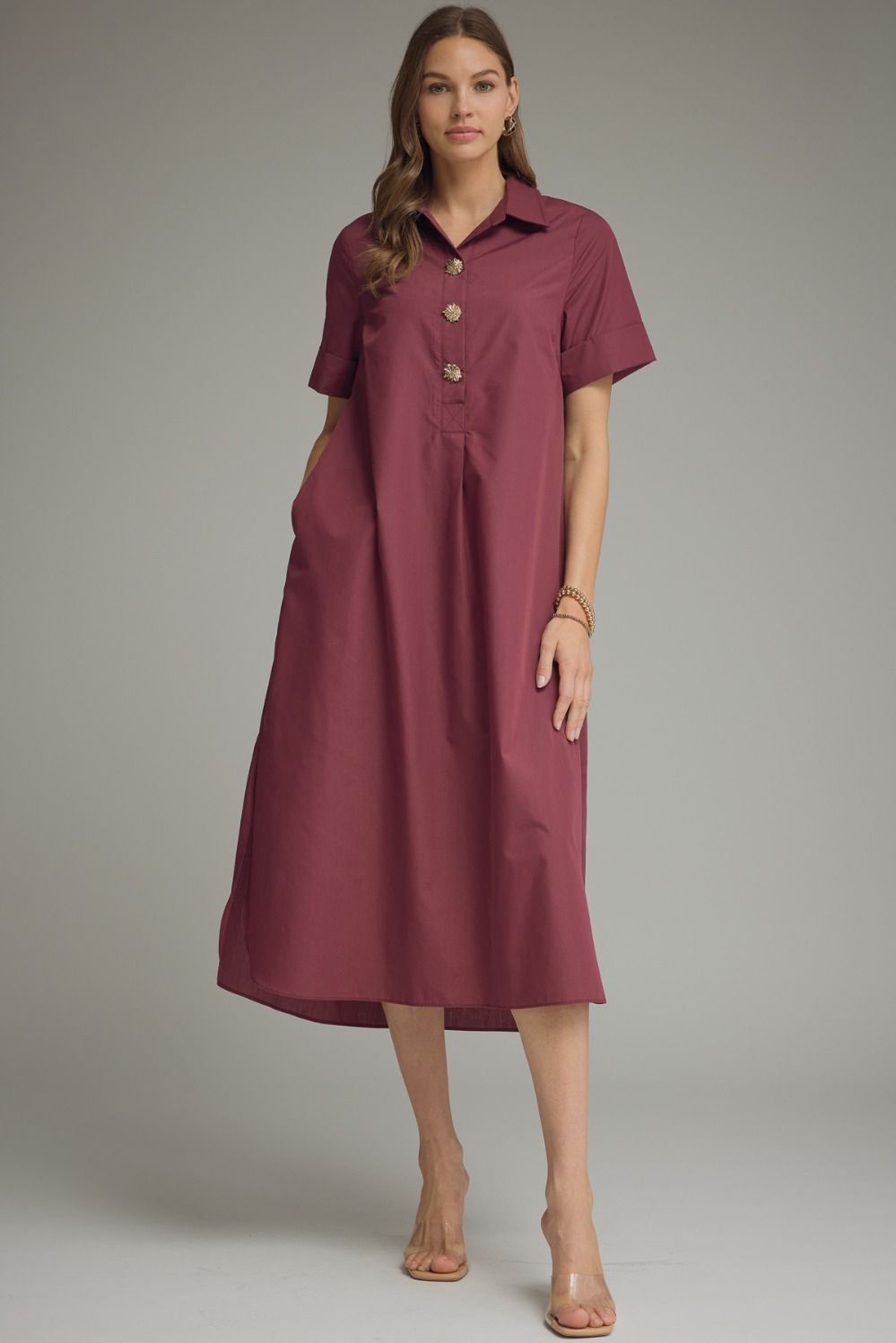 Women's wine colored midi dress with a collared button front