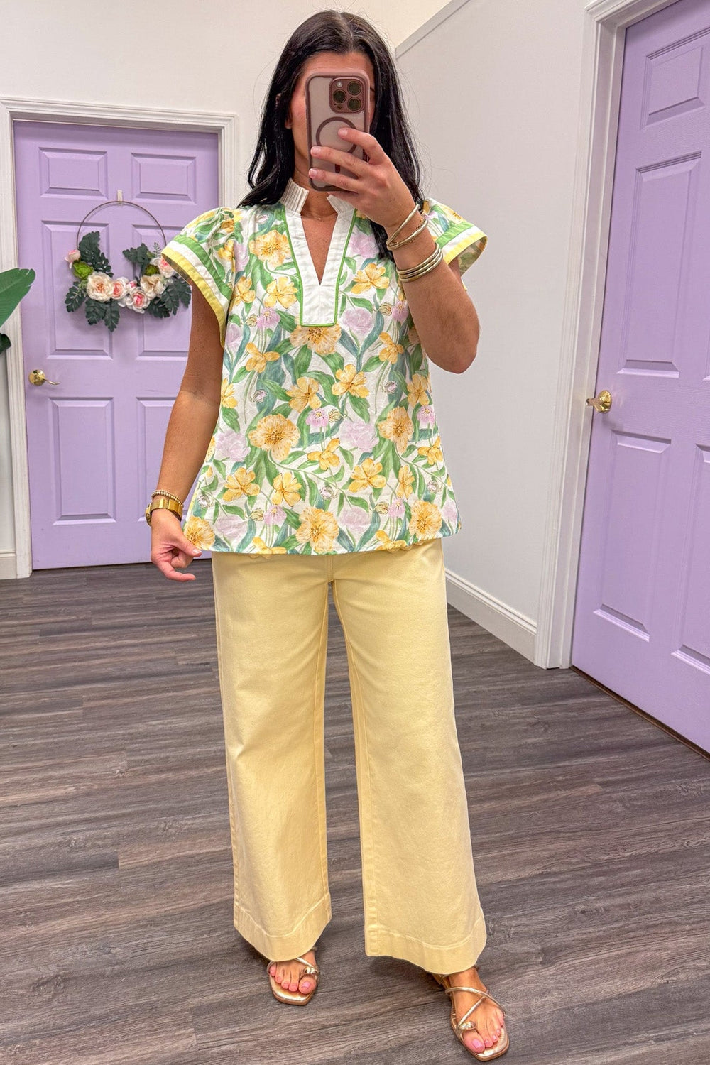 Women's yellow and green floral printed short sleeve top