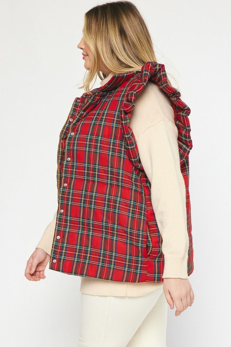 entro red plaid vest ruffle shoulder