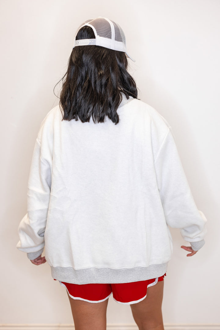 Women's "Georgia/GA" sweatshirt in reversible grey and red or white and red by BucketList showing back view of fleece side