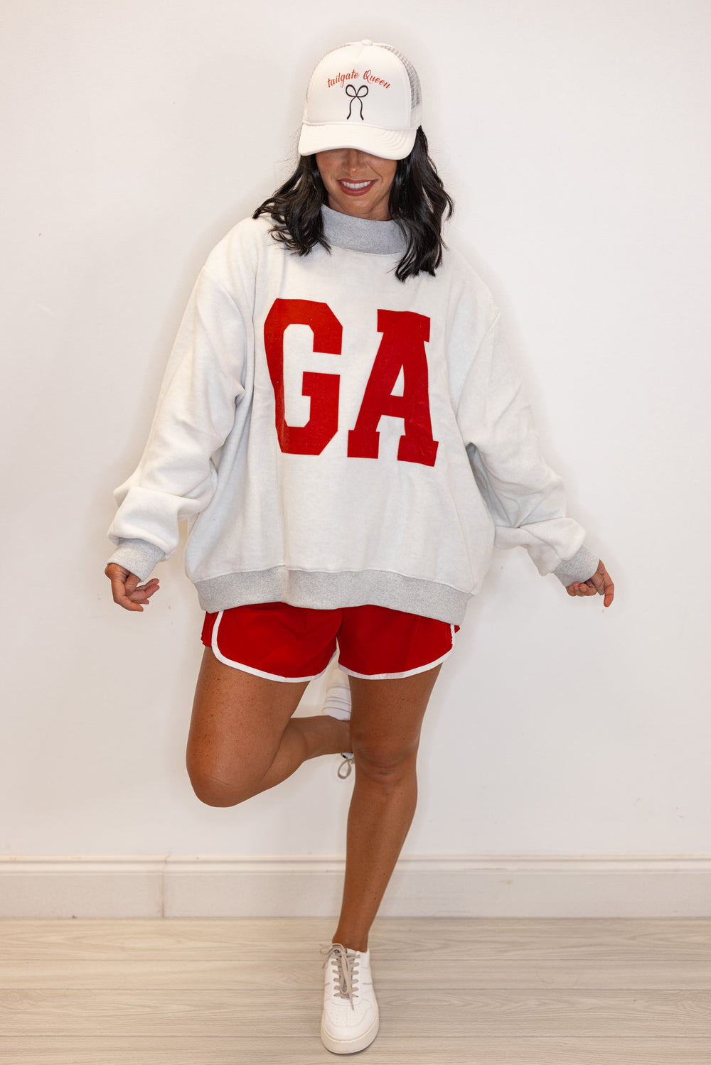 Women's "Georgia/GA" sweatshirt in reversible grey and red or white and red by BucketList showing full front view of fleece side