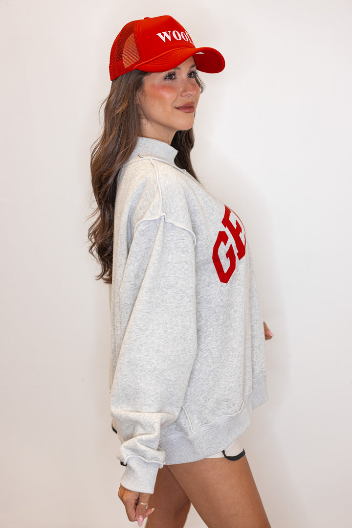 Women's "Georgia/GA" sweatshirt in reversible grey and red or white and red by BucketList showing up close side view