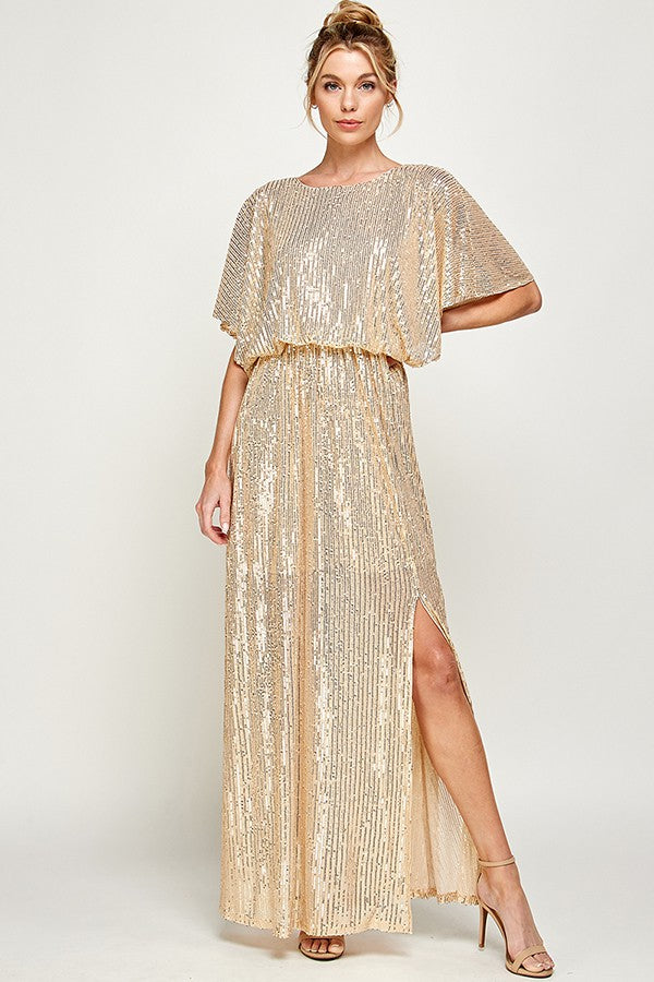 Gold sequin holiday party maxi dress