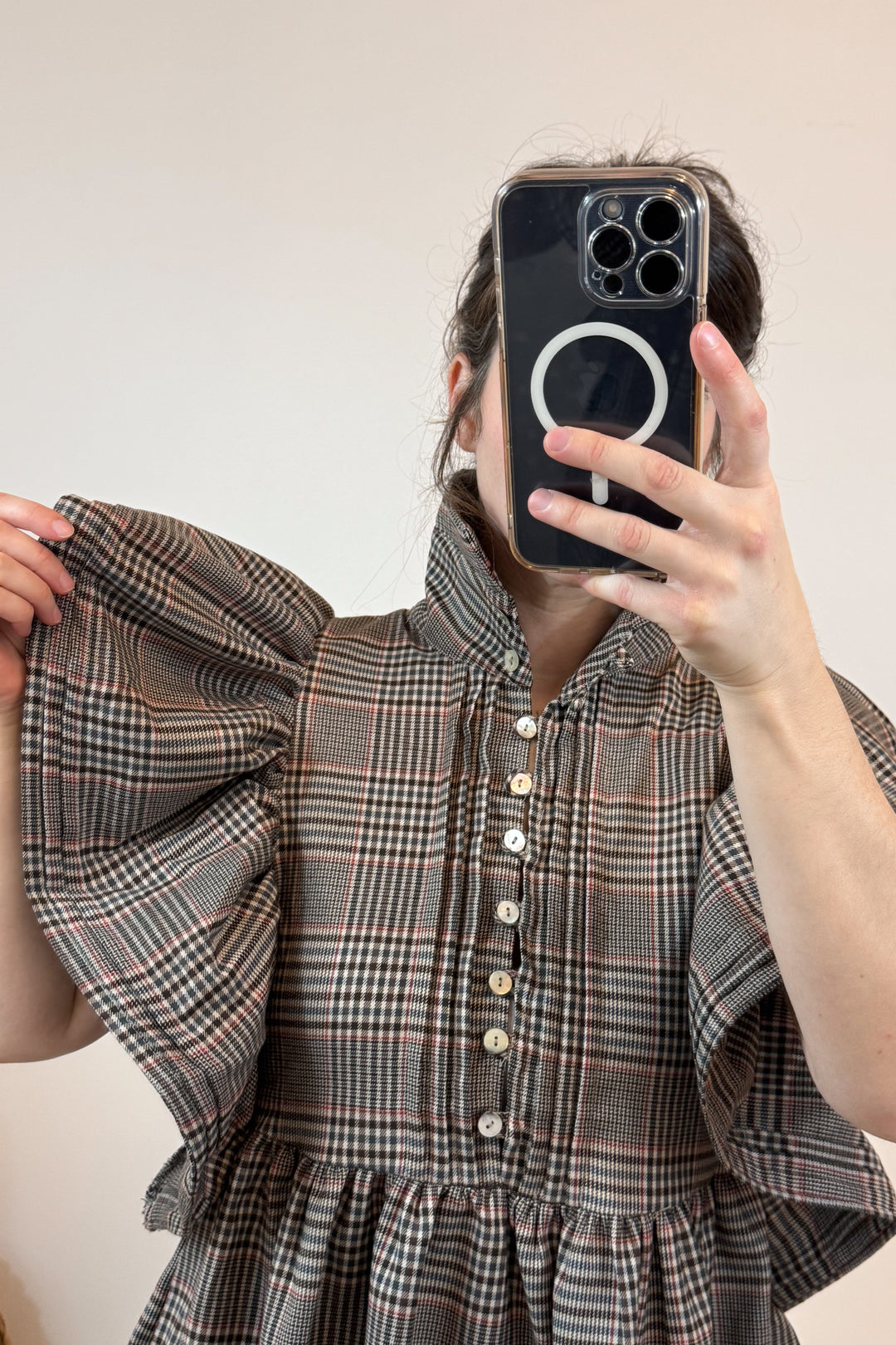 plaid dress with ruffle sleeves details