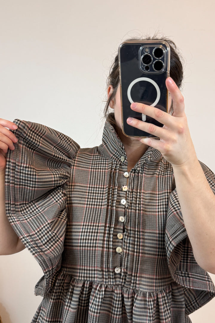 plaid dress with ruffle sleeves details