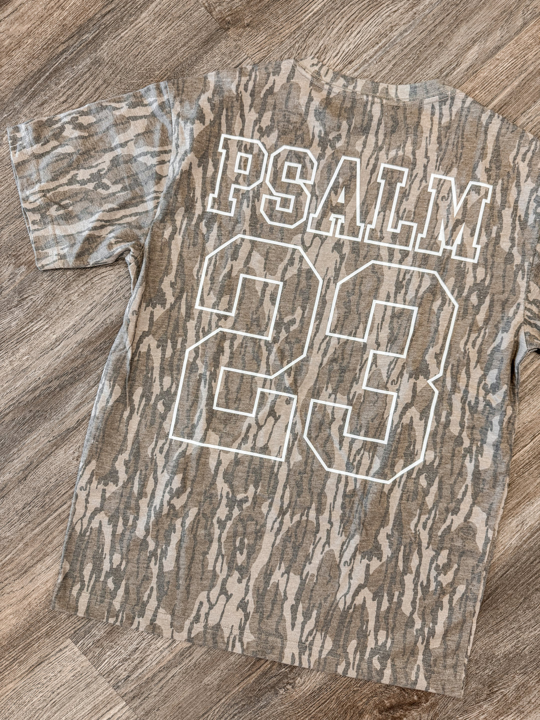 Mossy oak patterned shirt with 'PSALM 23' back