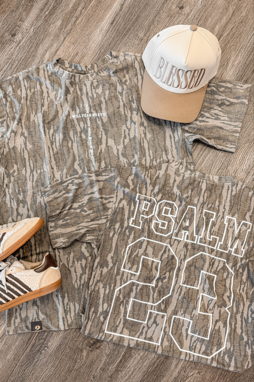 Mossy oak patterned shirt with 'PSALM 23'