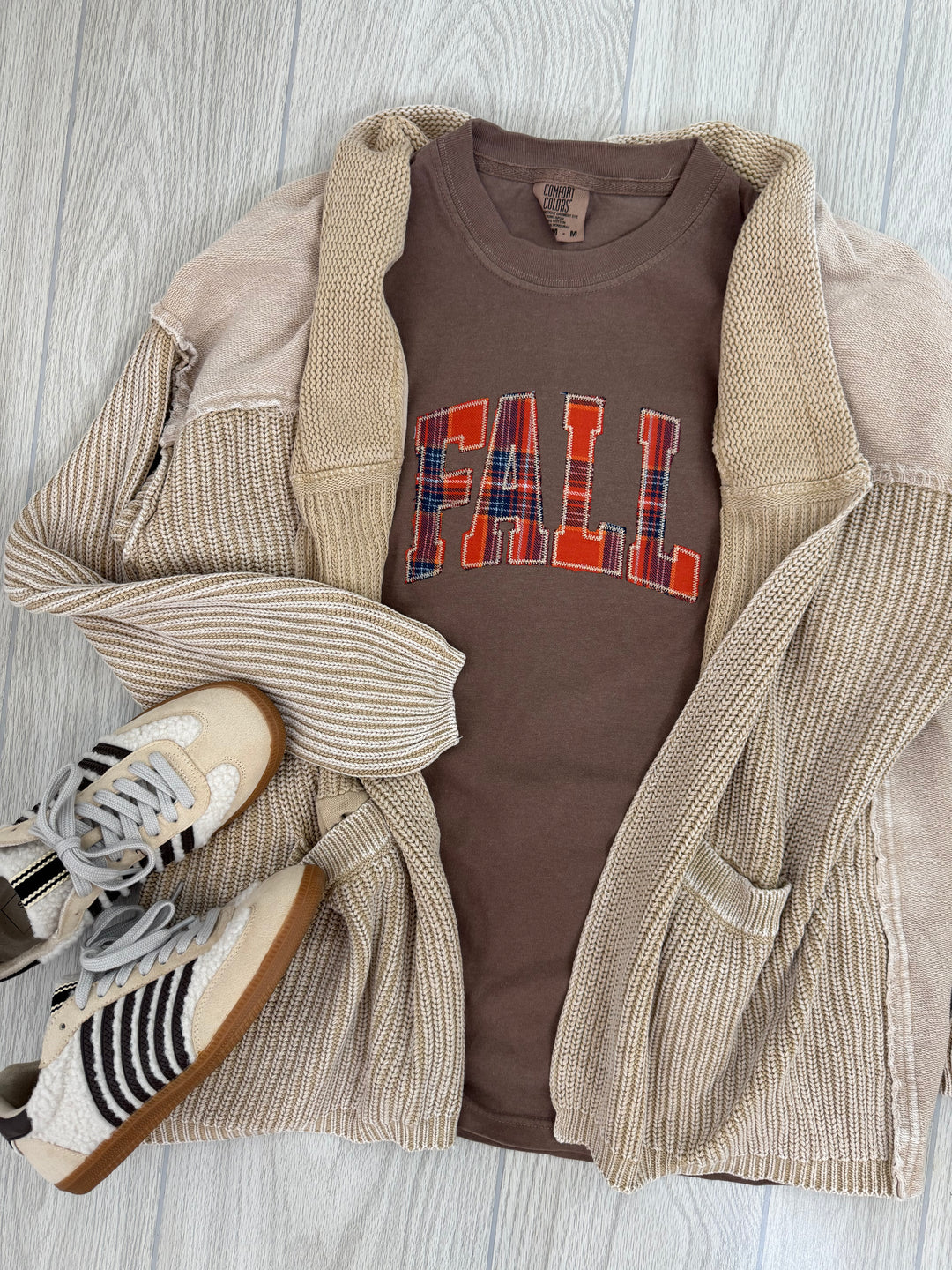fall plaid print embroidered graphic tee with cardigan