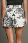 Umgee Ivory bow tie waist shorts with traditional Black Willow print