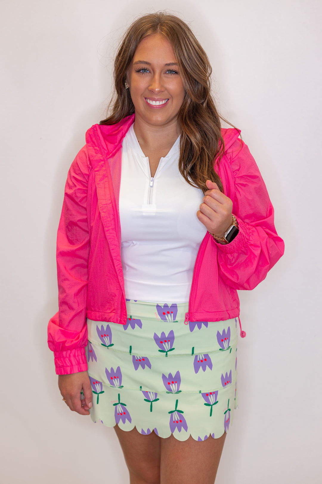 Women's mint green and purple poppy floral print scalloped skort lined with shorts by Karlie showing up close front view