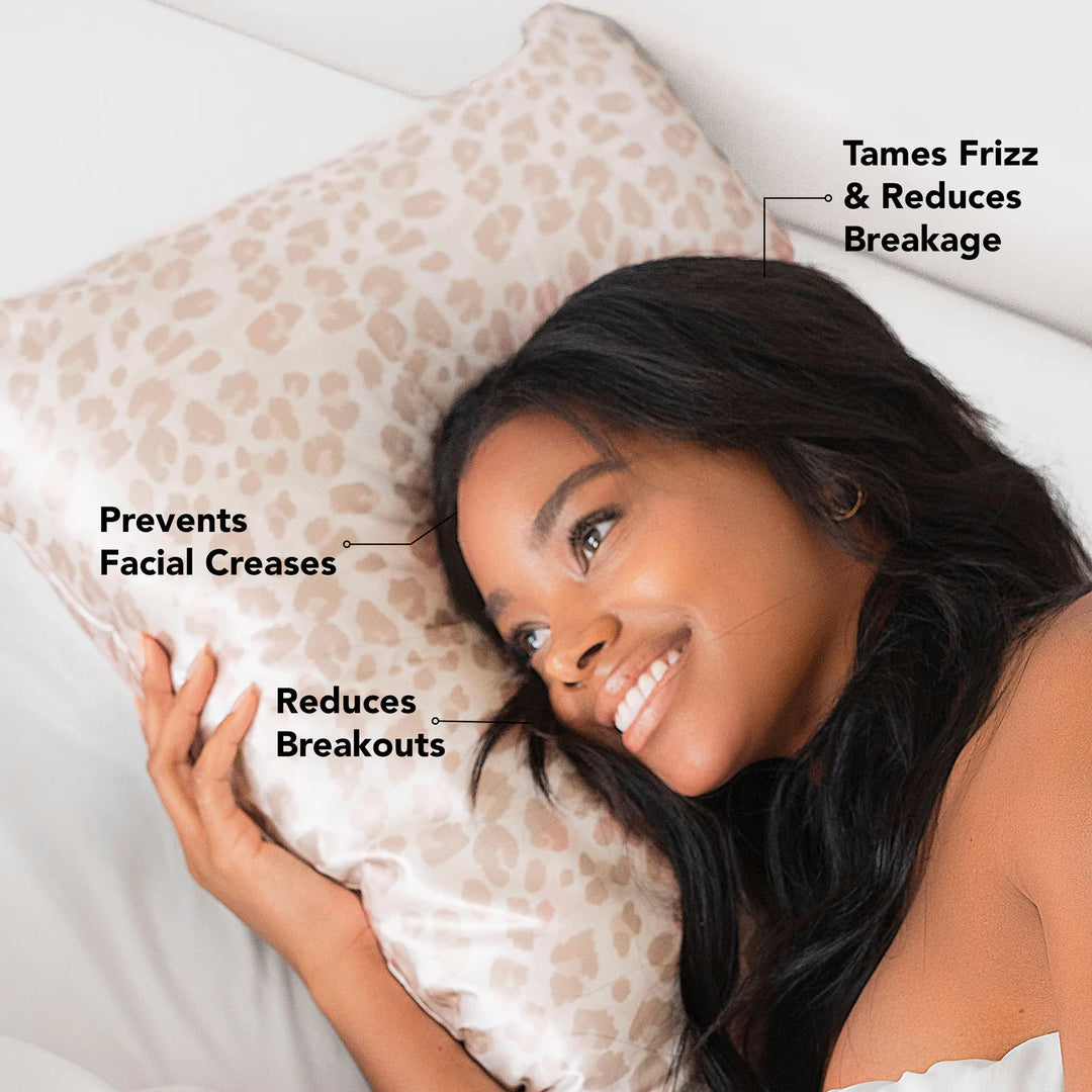 Woman lying on a leopard print pillow with text highlighting its benefits.